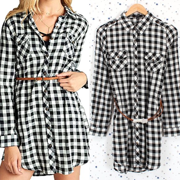 Plaid Shirt Dress with Belt White Black - Picture 1 of 8